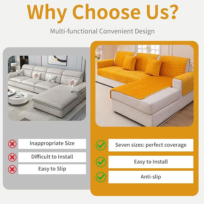 Velvet Couch Cover, Plush Sectional Sofa Cover Washable, Anti Slip Sofa Slipcover for Armrest & Backrest, Furniture Protector Covers for Pets & Kids(1PC,Mustard Yellow,36"×36")
