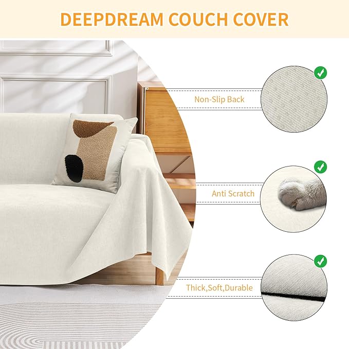 Deep Dream Cat-Scratch Resistant Couch Cover, Waterproof Sofa Cover for 3 Cushion Couch Washable, Pet Friendly Couch Protectors Anti Slip Thickened Sofa Slipcovers for Dogs Pets, 91" x 134", White