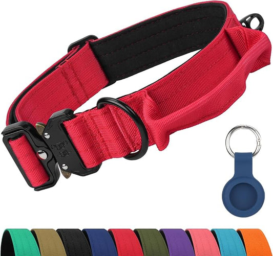 Joytale Tactical Dog Collar for Large Dogs with Control Handle, Heavy Duty Military Training Collar for Power Breeds, AirTag Holder Case, Quick Release Metal Buckle, Soft Padded, L, Red