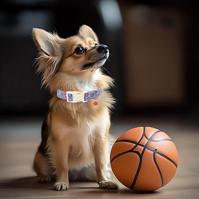 Basketball Dog Collar, Cute Boy Dog Collars for Giant Large Dogs - Blue Sports Themed Cotton Male Dogs Collar, Soft Adjustable Daily Pet Collars with Quick Release Buckle XL