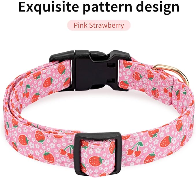 Personalized Dog Collars,Adjustable Puppy Collars with Safety Buckle for Small Medium Large Dogs,Cute and Unique Pink Cherry Pattern Pet Collar for Boy Girl Dogs. (Pink Strawberry, S)