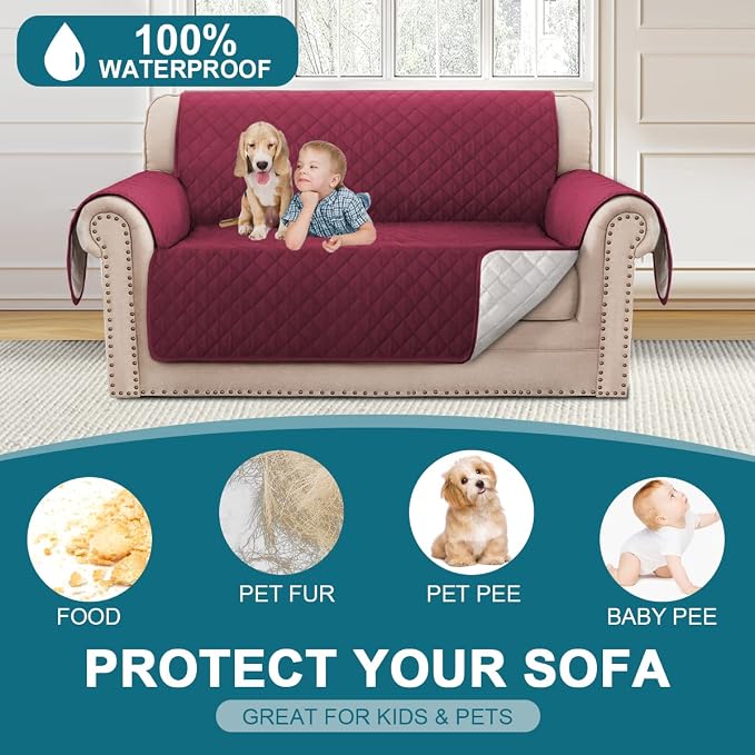 Turquoize 100% Waterproof Couch Cover Sofa Covers for 2 Cushion Couch Loveseat Covers Triple Non-Slip Couch Cover for Dogs Washable Furniture Protector Cover for Pets,Dog (Loveseat 54", Burgundy)