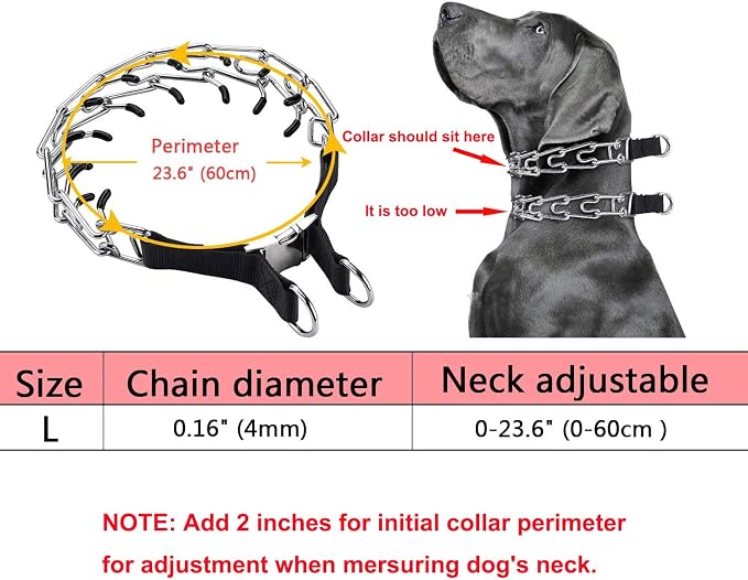 Prong Collar for Large Dogs, Dog Pinch Collar,Dog Training Collar,High Strength Quick Release Metal Buckle,Comfort Rubber Tips,for Large Dogs (4.0mm, 23.6-Inch, Black)