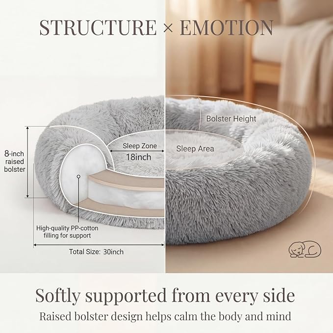 Calming Dog Bed for Medium Dogs Washable Donut 30 inches Anti-Slip Pet Bed,Round Fluffy Plush Faux Fur Cat Bed,Fits up to 45 lbs Pets,Grey