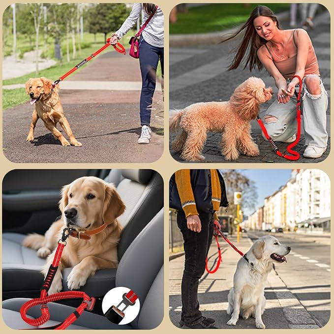 Heavy Duty Tactical Dog Leash, 4-6FT Shock Absorbing Bungee Lead with 2 Padded Handles, Metal Carabiner & Seatbelt Clip, Reflective No-Pull Leash for Medium/Large Dogs (Red)