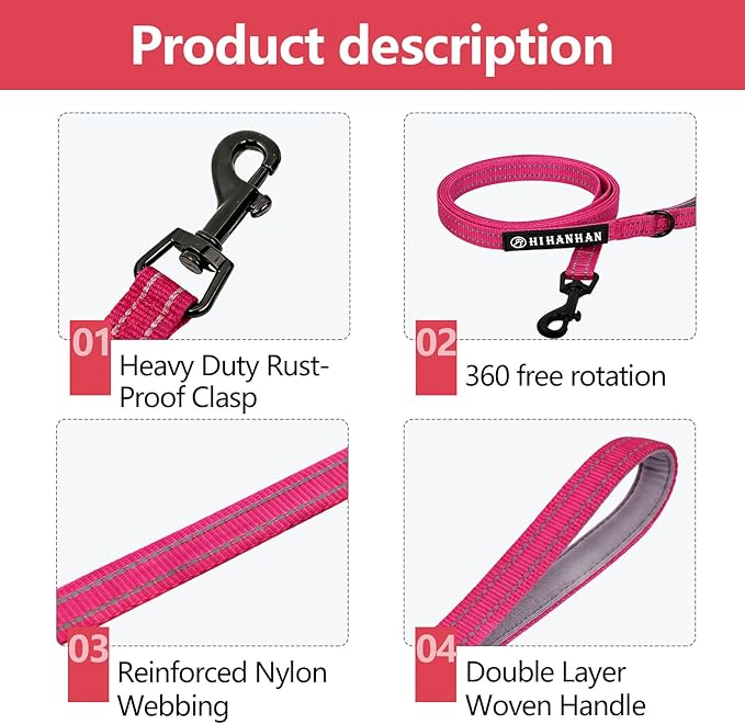 Reflective 6 FT Dog Leash, Premium Traditional Style Puppy Leash with Easy to Use Collar Hook for Small, Medium, and Large Breed Puppies (Rose Red, 3/4 in x 6 ft)