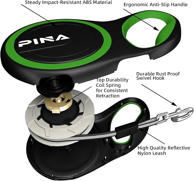 PINA Retractable Dog Leash, 16ft Dog Leash for Small Medium Dogs Up to 44lbs, 360° Tangle-Free Strong Reflective Nylon Tape, with Anti-Slip Handle, One-Handed Brake, Lock - Black Green