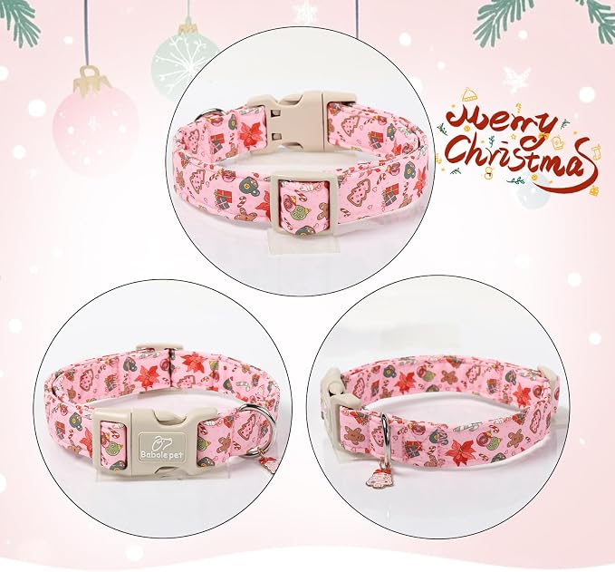 Christmas Dog Collar - Cute Pink Cozy Christmas Puppy Collar with Safety Buckle, Soft Adjustable Holiday Dog Collars for Small Medium Large Dogs XS