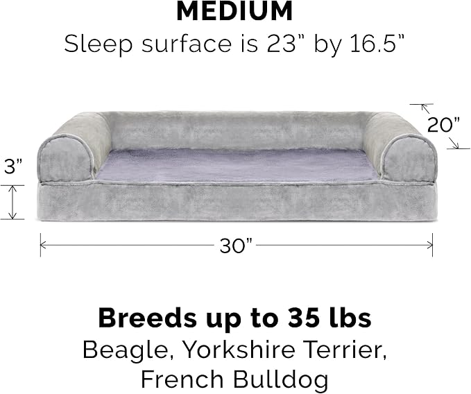 Furhaven Memory Foam Dog Bed for Medium/Small Dogs w/ Removable Bolsters & Washable Cover, For Dogs Up to 35 lbs - Faux Fur & Velvet Sofa - Smoke Gray, Medium