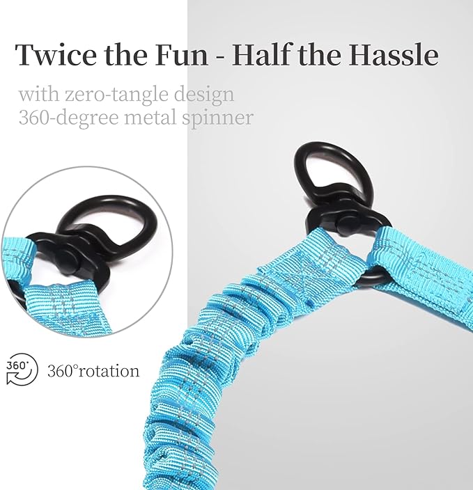iYoShop Double Dog Leash with Three Extra Traffic Handles, 360 Swivel No Tangle Dual Dog Walking Leash, Comfortable Shock Absorbing Reflective Bungee for Two Dogs(15-120 lbs, Blue)