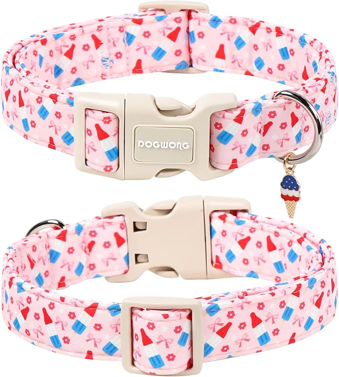 DOGWONG Summer Dog Collar, Pink Popsicle Dog Collars, 4th of July Dogs Collars for Small Medium Dogs, Neck 14-21 inches