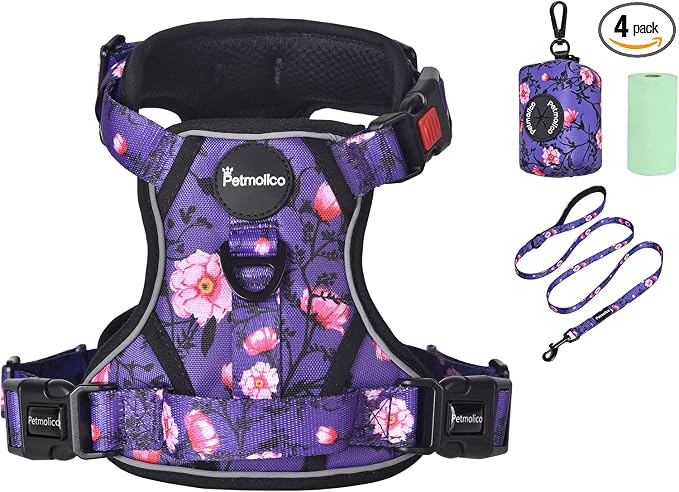Petmolico No Pull Dog Harness Set with Leash Attachment Easy Control Handle Reflective Harness Vest Small Breed, Puppy Vest and Leash Set with Poop Bag Holder, XS - Purple Peach
