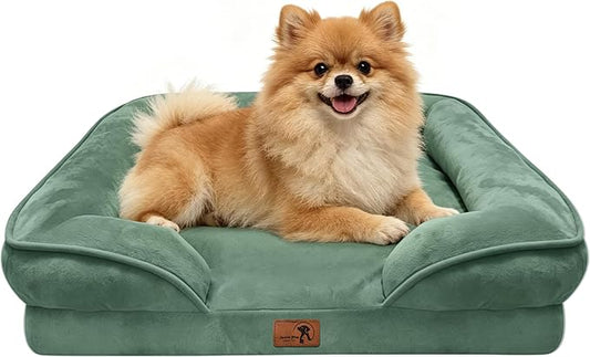 Spotted Play Orthopedic Dog Bed with Sides - Sofa Beds for Small Dogs, Supportive Foam Pet Couch Bed with Washable Removable Cover, Waterproof Lining and Non-Slip Bottom, Green - S