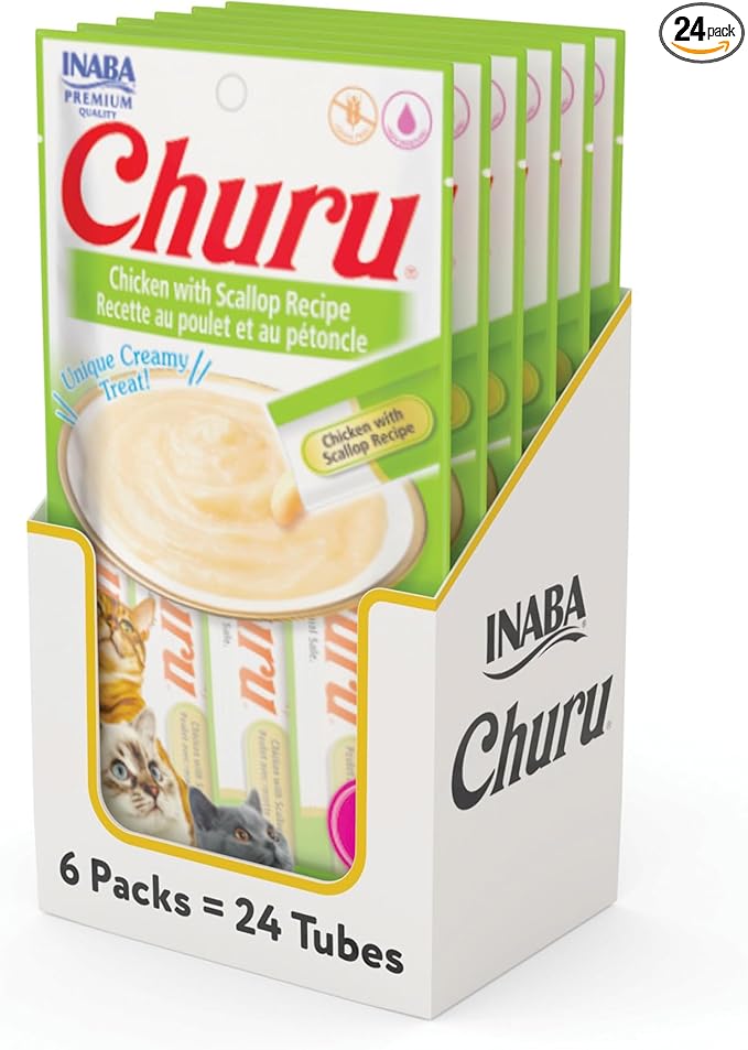 INABA Churu Cat Treats, Lickable, Squeezable Creamy Purée Cat Treat with Green Tea Extract & Taurine, 0.5 Ounces Each Tube, 24 Tubes (4 per Pack), Chicken with Scallop Recipe