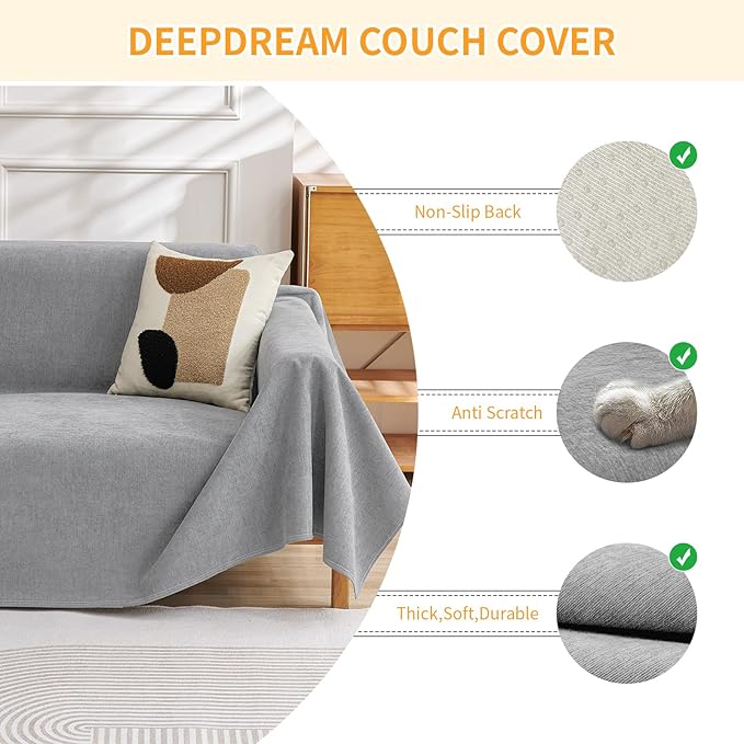Warmstar Couch Protector from Cat Claws, Waterproof Couch Cover Anti Slip,Couch Cover 3 Cushion Sofa Washable,Anti-Scratch Pet Sofa Cover Heavy Duty,71"X91", Grey