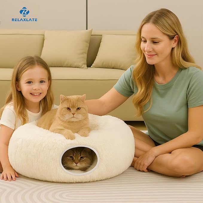 RELAXLATE Large Cat Tunnel Bed for Indoor Cats,Cat Bed, Cat Tunnel Christmas Tree Skirt, Cat Donut Tunnel Toys with Warm Soft Plush, for Cats, Kittens, Small Pets (White)