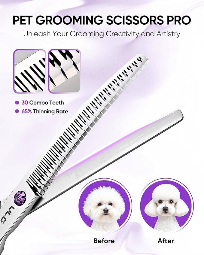 ULG 7.5” Dog Grooming Chunker Shears – 30° Curved Pet Grooming Scissors, Japanese 440C Stainless Steel, 30 Comb & Chunker Teeth, 60% Thinning Rate, Reversible Butterfly Handles for Face, Nose & Body