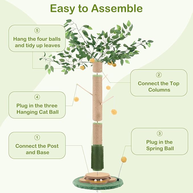 Tall Cat Scratching Post 51 Inch, Cat Scratching Post for Indoor Cats Adults, Sisal Cat Scratcher with Heavy Duty Stable Base & Hanging Toys & Self Grooming Brush for Kittens Medium Large Cats