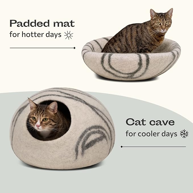 MEOWFIA Cat Cave – Premium Felt Cat Bed for Indoor Cats, Handmade Merino Wool (Light Gray, Large)