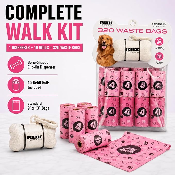 RBX Dog Poop Bags with Leash Holder, 320 Bags, 16 Refill Rolls | Clip-On Dispenser, Durable Leak-Proof, Recyclable Material