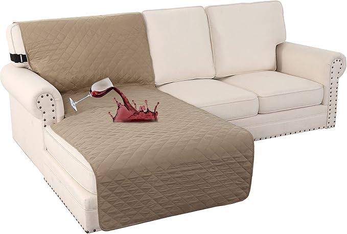 Turquoize 100% Waterproof Sofa Covers Chaise Lounge L Shape Sofa Protector Slip Cover Triple Non-Slip Sofa Slipcover for Sectional Couch Cover for Pets, Kids (Chaise, Khaki)