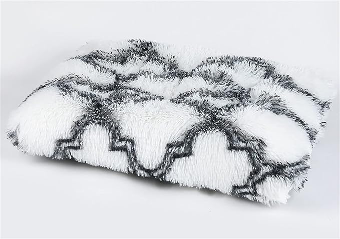 Long Plush Calming Pet Bed Cuddler Pet Bed for Dogs and Cats Fluffy Faux Fur Dog Bed with Anti Slip Bottom Machine Washable Pet Sleep Bed Crate Mat Geometric White M
