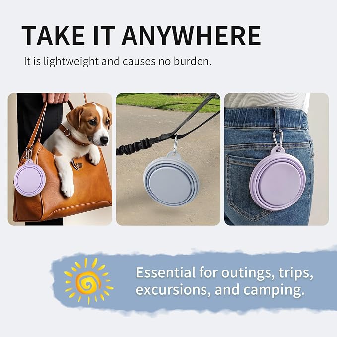 Collapsible Dog Bowls 2-Pack, Portable Travel Dog Bowl with Carabiner, Food-Grade Silicone Pet Bowl for Hiking, Walking (Macaron Blue and Violet)