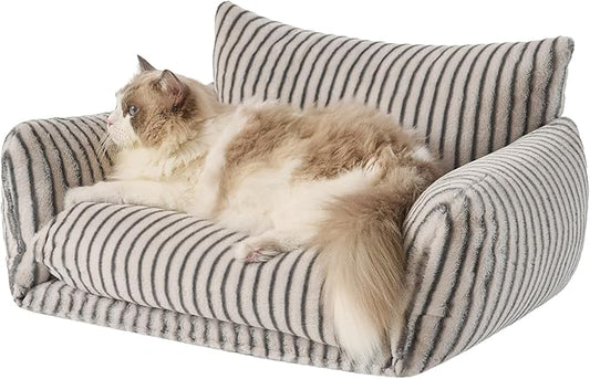 Hollypet Cat Bed Fluffy Plush Multifunctional Double-Layer Machine Washable Soft Warming Kitty Pet Couch Orthopedic Nest Beds for Small Cats Kitten and Dogs up to 13lbs, Gray Stripes(25x20x13in)