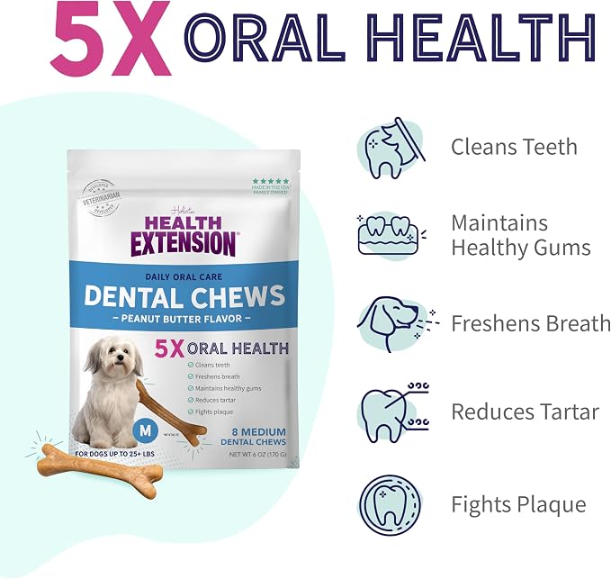 Health Extension Peanut Butter Dental Bones for Dogs, 8 Medium Bones, Healthy Gums, Freshens Breath, Cleans Teeth, Training or Reward, 6 oz Bag (Pack of 1)