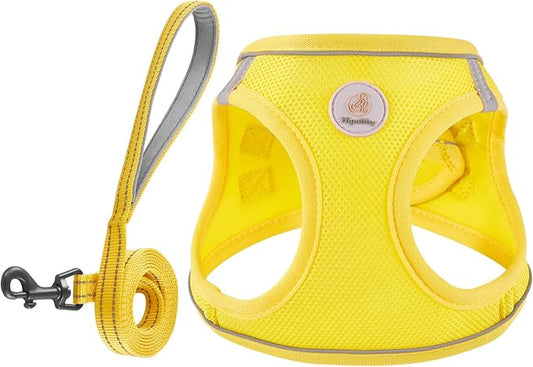 Hipubby Dog Harness and Leash Set, No Pull Soft Mesh Puppy Harness for Small Medium Dogs, Cats - Step in Reflective Breathable Lightweight Vest Harness for Walking, Training - Yellow, XS