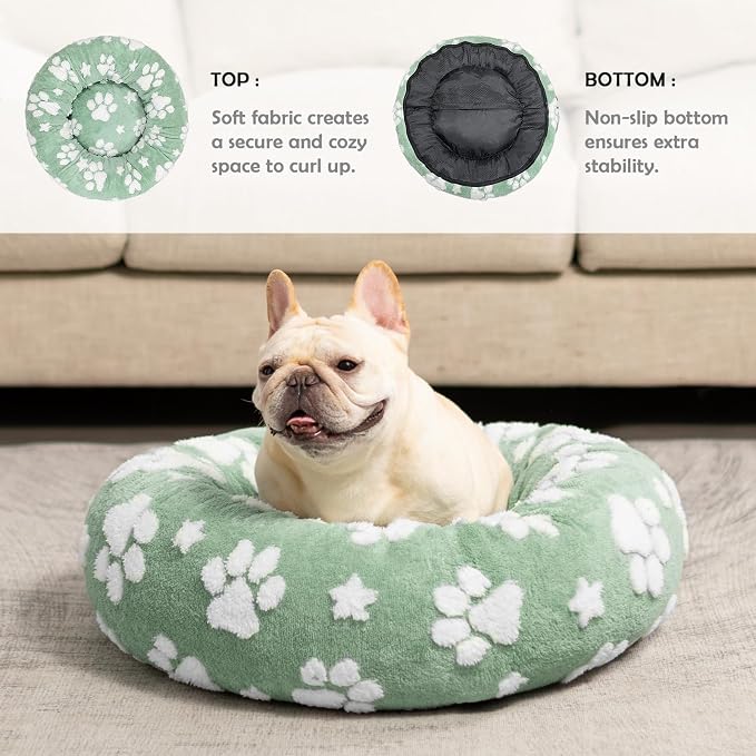 Donut Dog Beds for Small Dogs, Calming Round Cat Beds for Indoor Cats, Cute 3D Textured Paw Pet Bed with Removable Washable Cover and Anti-Slip Bottom（Green，23"）
