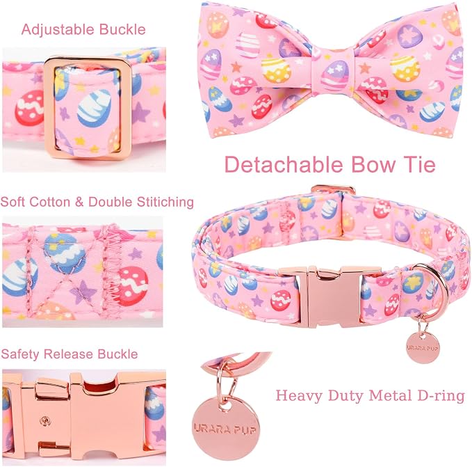 Easter Day Dog Collar with Bow, UP URARA PUP Easter Eggs Adjustable Pet Collar Bowtie with Metal Buckle, Colorful Eggs Cotton Dog Collars for Small Medium Large Dogs, XL