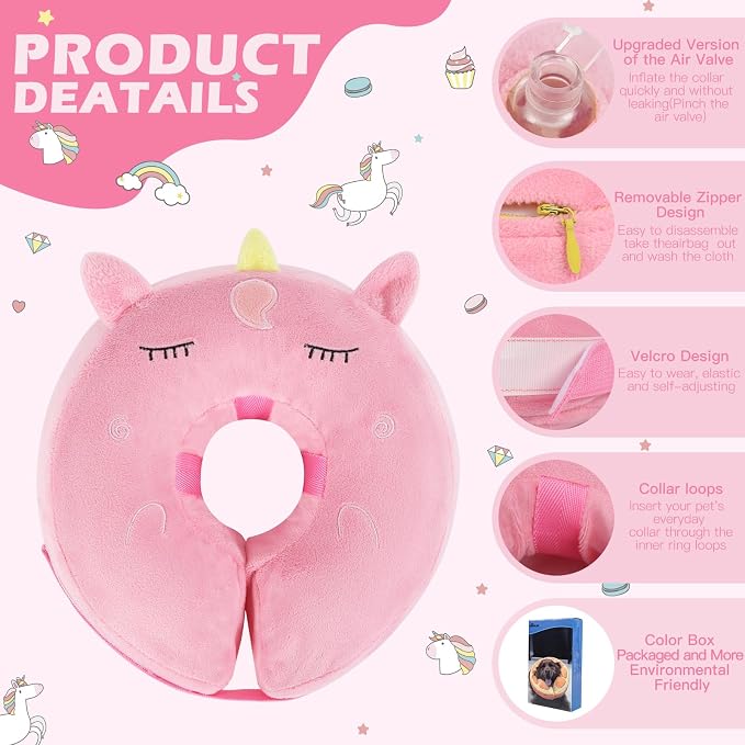 IEUUMLER Inflatable Recovery Dog Collar, Protective Donut Cone, Adjustable Soft Collar for Dog and Cat After Surgery Prevent from Biting & Scratching EU002 - Unicorn M