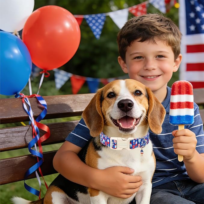 4th of July Dog Collar for Medium Dogs, Summer Popsicle Patriotic Dog Collars, Adjustable Breathable Quick-Release Buckle Collars for Small Medium Dogs, M