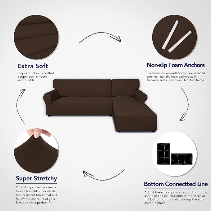 PureFit Super Stretch Sectional Couch Covers - 2 pcs Spandex Non Slip Sofa Covers with Elastic Bottom for L Shape Sectional Sofa Couch, Great for Kids & Pets (3 Seat Sofa + 3 Seat Chaise, Coffee)