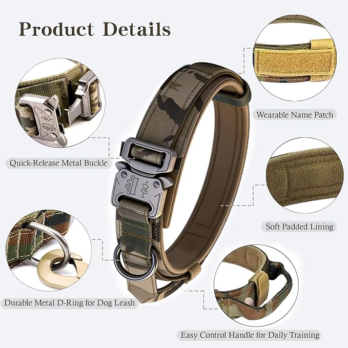 Tactical Dog Collar Adjustable Military Nylon Dog Collar with Control Handle and Heavy Duty Metal Buckle for Medium and Large Dogs (Camo,L)