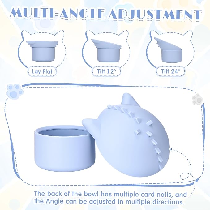 Funnymoom 2 Pack Silicone Cat Slow Feeder, Elevated Slow Feeder Cat Bowl for Dry and Wet Food, Tilted Design with Non Slip Base, Adjustable Angle for Pet(Gray and Blue)