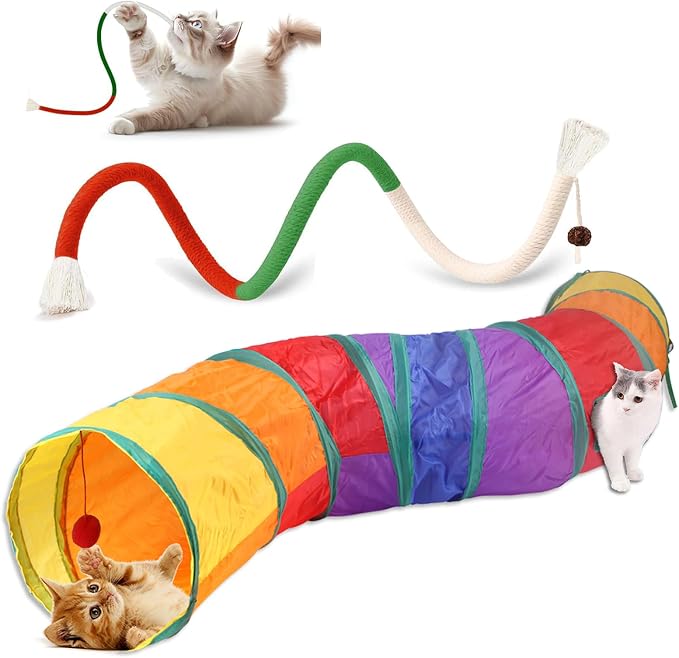 Collapsible Durable Rainbow Cat S-Tunnel & Chew Rope Set, Interactive Indoor Kitten Toy for Active Play