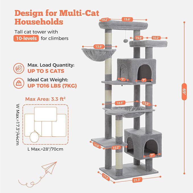 69” Tall Cat Tree for Indoor Cats Large Adult, Multi-Level Cat Tower with Scratching Post, Dual Top Perches, Big Hammock & 2 Spacious Condos, Cat Furniture for Multi-Cat Households, Grey