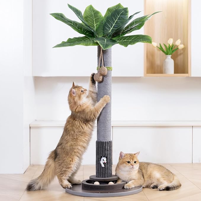 Woochpet 35" Tall, Sisal Cat Scratcher with Mouse Toy and Track Balls, Palm Tree Design Scratch Pole for Kittens Grey Base
