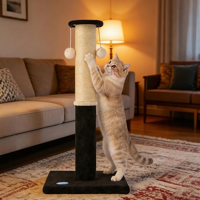 34-Inch Tall Cat Scratching Post, Komicoll Large Carpet Scratch Post, Sisal Cat Scratcher, Sturdy and Durable Cat Post with Hanging Ball for Indoor Cats