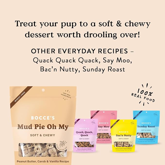 Bocce's Bakery Oven Baked Mud Pie Oh My Treats for Dogs, Wheat-Free Everyday Dog Treats, Made with Real Ingredients, Baked in The USA, Natural Soft & Chewy Cookies, PB, Carob & Vanilla, 6 oz