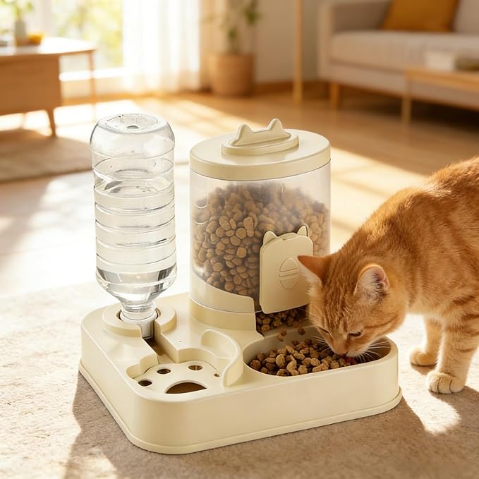 2 in 1 Automatic Pet Feeder Water Dispenser, Adjustable Elevated Raised Stand Feeder, Automatic Cat Feeder with Non Slip Base for Small Medium Dog Puppy Cat, Easy to Clean (Color A)