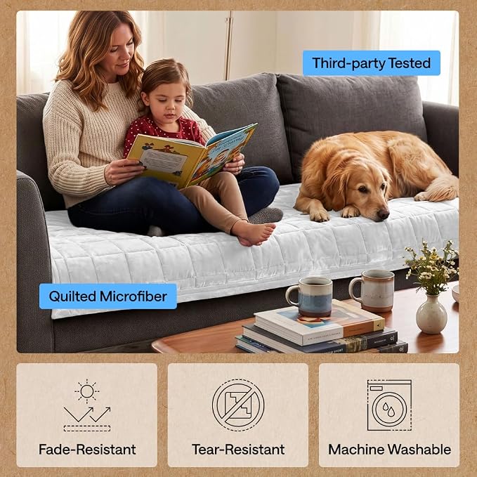 GORILLA GRIP Slip and Leak Resistant Plush Quilted Large Chair Cushion Cover Blanket, Soft Couch Covers for Sofa Dogs, Machine Washable Furniture Protector Pet Friendly Couches, White, 48x28 Inches