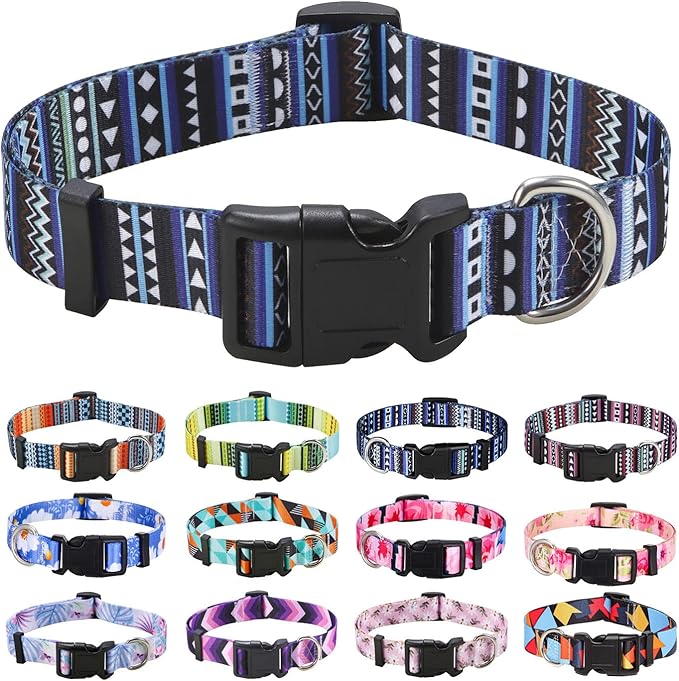 Mihqy Dog Collar with Bohemia Floral Tribal Geometric Patterns - Soft Ethnic Style Collar Adjustable for Small Medium Large Dogs（Bohemian Blue,L）