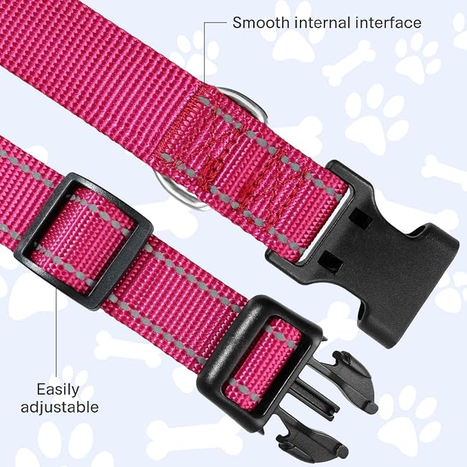 FunTags Length 14" - 20" Reflective Neon Pink Dog Collar for Medium Dogs – Night Walking & Training Safety, Durable Quick Release Buckle, Nylon, Comfortable Adjustable, Width 1"
