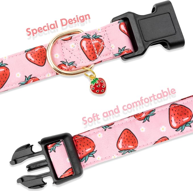 Faygarsle Pink Strawberry Pattern Cotton Dog Collar for Small, Medium, Large Boys Girls Dogs M