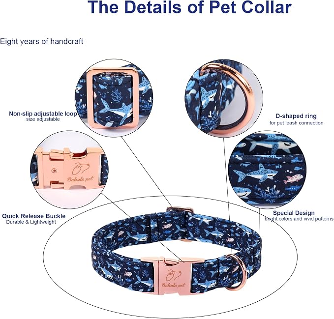 Summer Dog Collar, Cute Cartoon Sharks Dog Collars - Soft Adjustable Everyday Collars for Small Medium Large Dogs, Durable Metal Buckle Male Dogs Collar S