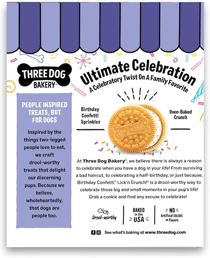Three Dog Bakery Birthday Confetti Lick’n Crunch Dog Treats, Vanilla Sandwich Cookies with Cake-Flavored Crème Filling & Sprinkles, Oven-Baked Birthday Dog Cookies for Everyday Celebrations, 13 oz