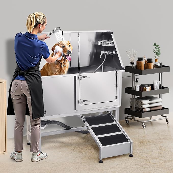 VEVOR Stainless Steel Dog Washing Station, 50 inch Pet Grooming Tub w/Ramp, PE Water Filter Board, Faucet & Showerhead & Soap Holder Dog Bathtub for Large & Medium & Small Pets (Right Door)